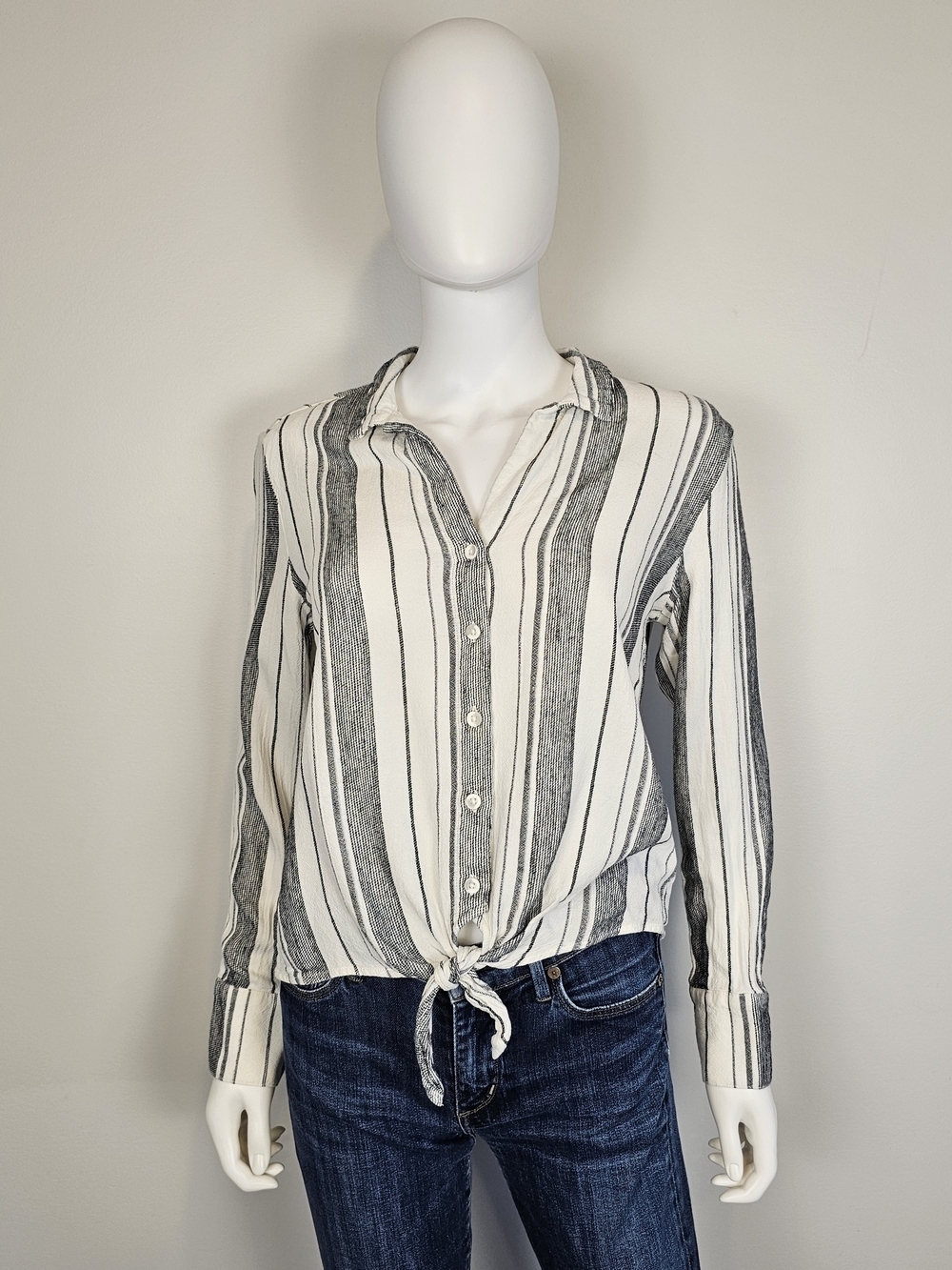 cloth & stone Black White Striped Collared Tie Front Blouse Sz S